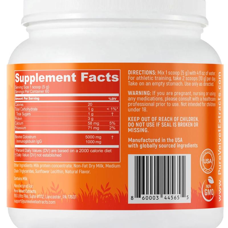 Pure Velvet Colostrum Powder for Gut Health, Bloating, Hair Growth, Immune Support, Bovine Cow Sourced
